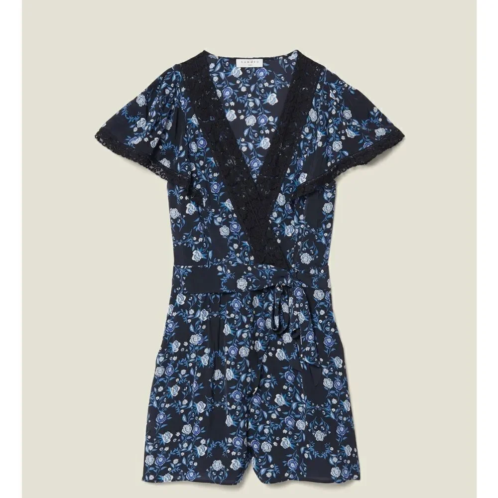 SANDRO  Paris  Womens Sz34 XS Black Blue Floral Silk Heart Romper Jumpsuit NWT - Picture 5 of 16